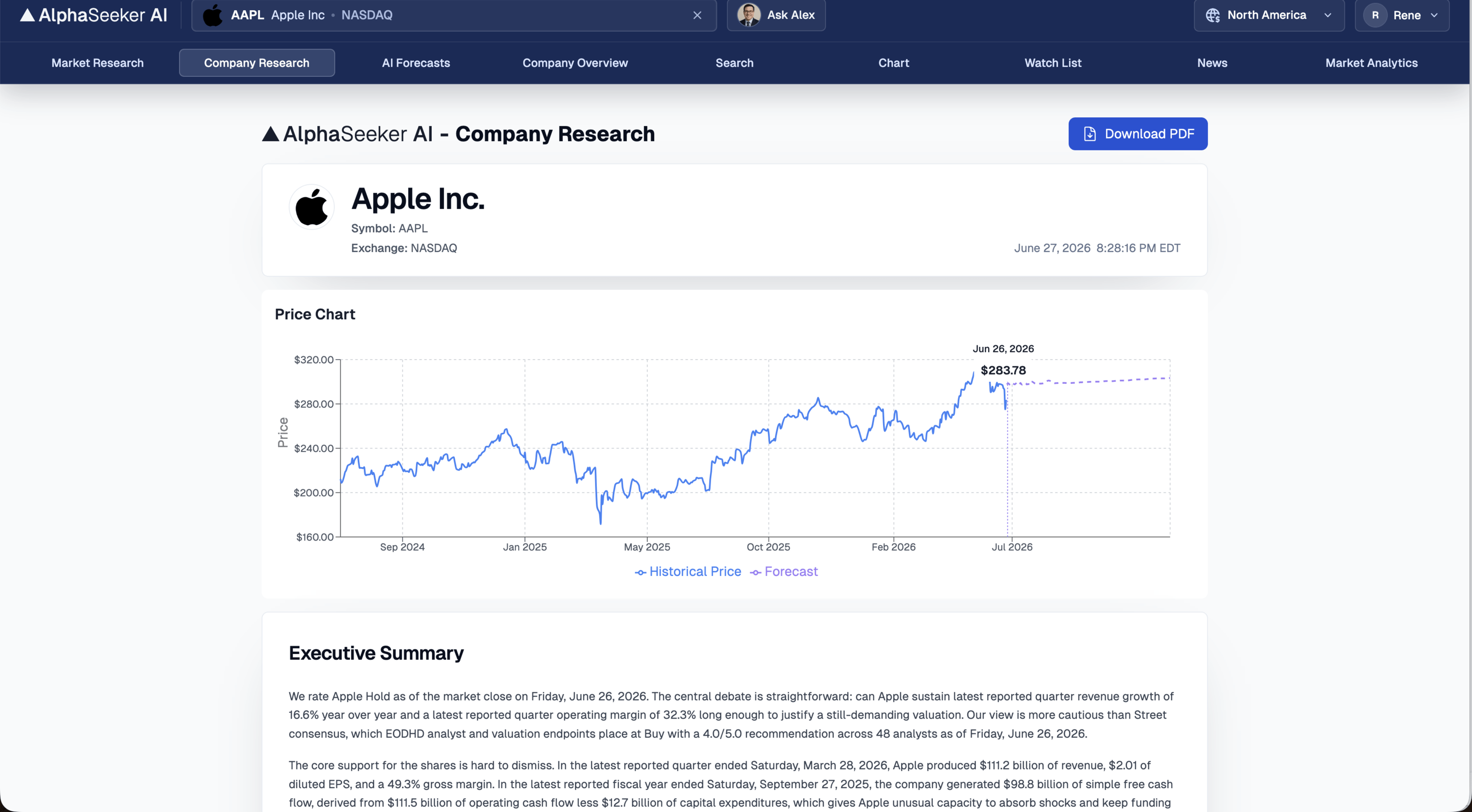 AlphaSeeker AI Company Research report for Apple, showing the price chart with AI forecast and executive summary